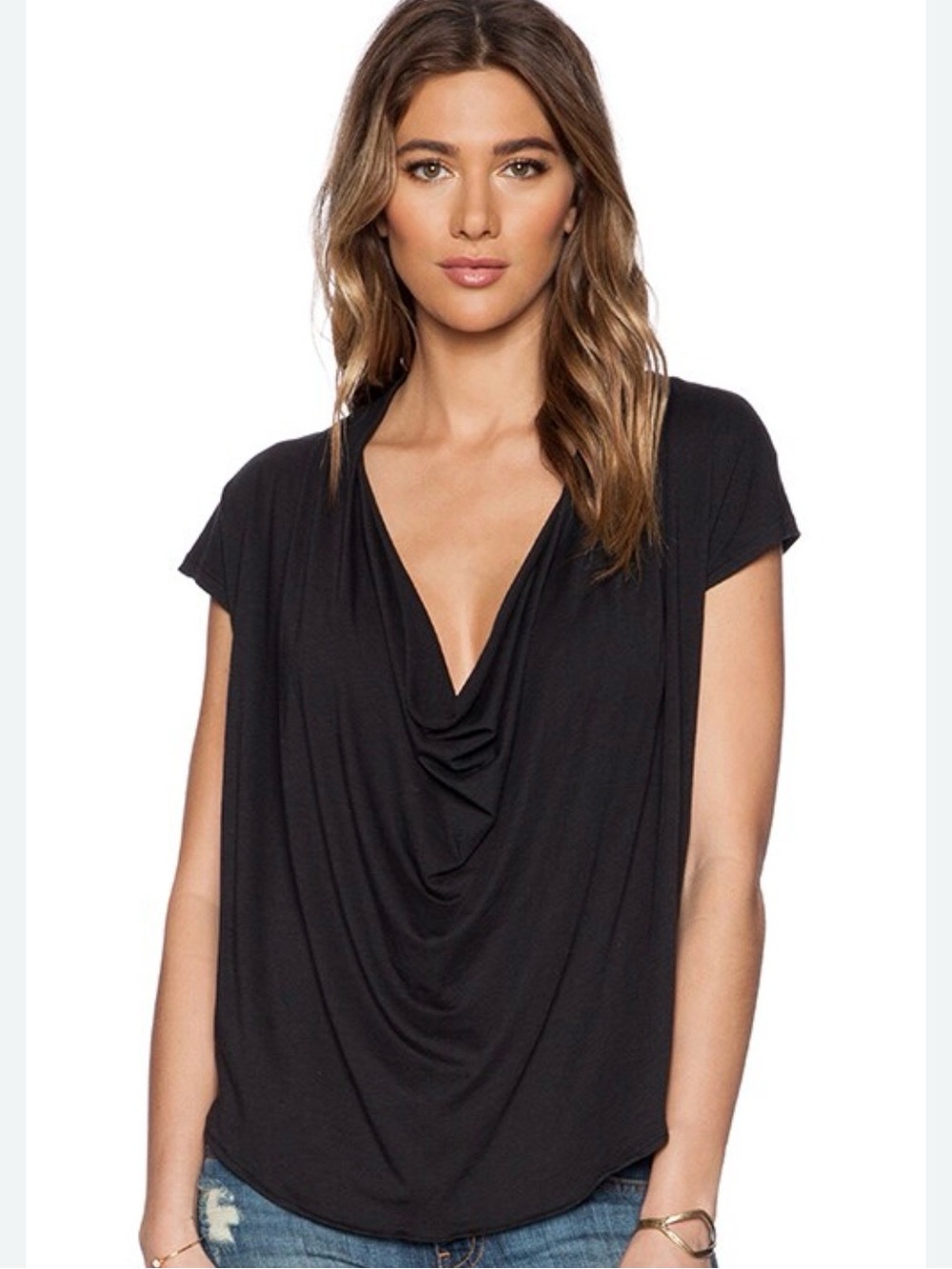 Free people Black Short Sleeve Cowl Neck Tee
